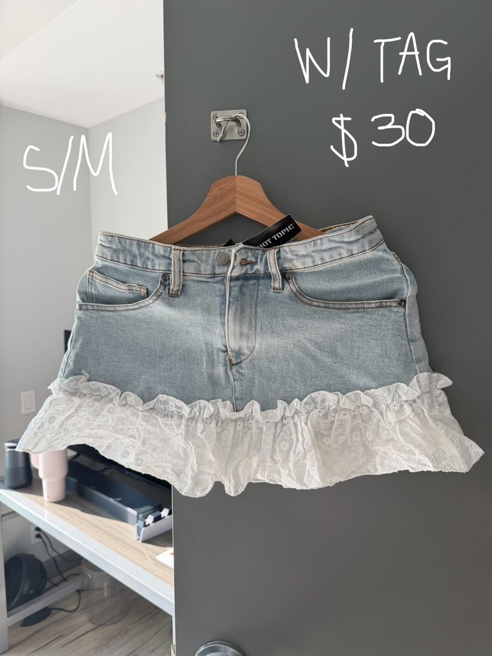 Hot Topic Light Blue Denim Mini Skirt with White Lace Ruffle